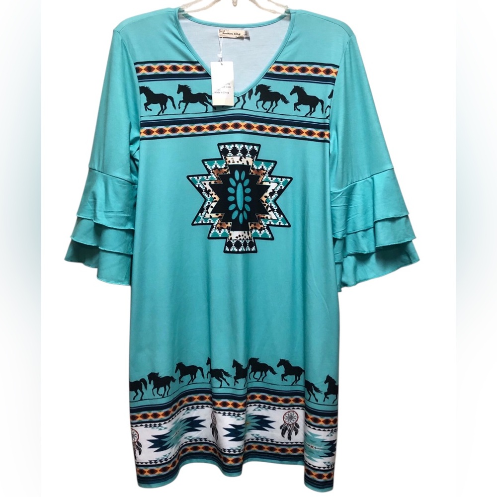 Southern Stitch N.W.T. Size Large Turquoise/Teal Horse Pattern Long Sleeve Dress